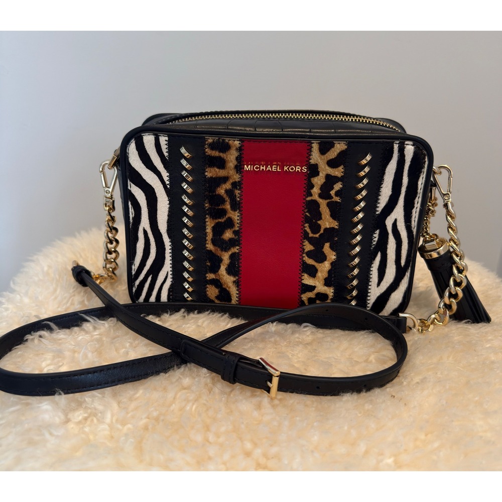 NWT Michael Kors Jet Set Medium Camera Bag Black Multi Zebra Leopard Crossbody